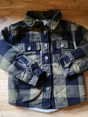 Outdoor Kids Plaid Button-Up Shacket in Olive & Black 2T
